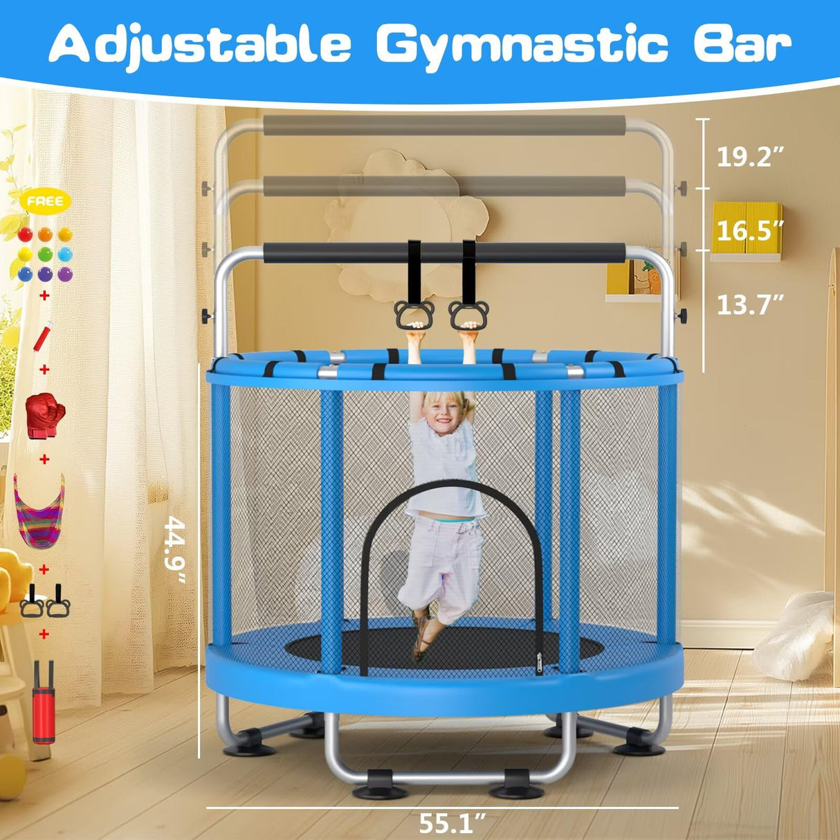 ZCMHAXJ 55" Trampoline for Kids with Enclosure, 440lbs Capacity Indoor & Outdoor Toddler Trampoline with Adjustable Gymnastics Bar & Toys, for Boys & Girls ZCMHAXJ