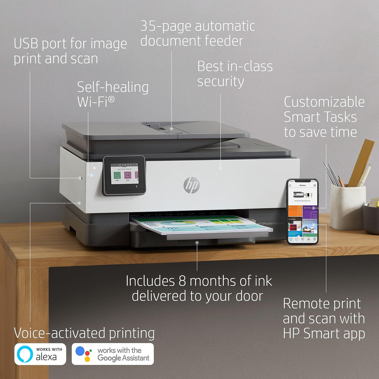 HP OfficeJet Pro 8035 All-in-One Wireless Printer - Includes 8 Months of Ink, HP Instant Ink, Works with Alexa - Basalt (5LJ23A) HP