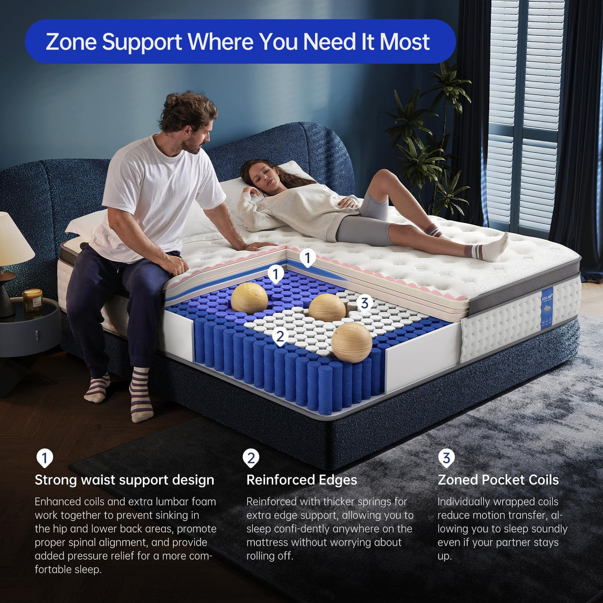 Queen Size Mattress,12 Inch Queen Mattress in a Box,Superior Hybrid Mattress with Gel Memory Foam or Back & Lumbar Support ,100 Night Trial,Soft,Pressure Relief,Zoned Support spring, Medium Firm KOULABR Z