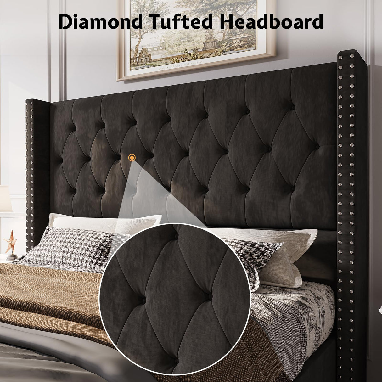 Jocisland Queen Bed Frame Upholstered Bed Wingback Headboard Velvet Tufted Diamond Button/No Box Spring Needed/Easy Assembly/Black Jocisland