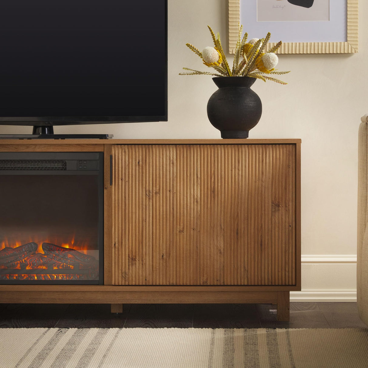 Walker Edison Arundo Reeded TV Stand with Fireplace & Storage, 70" Fireplace, English Oak Walker Edision
