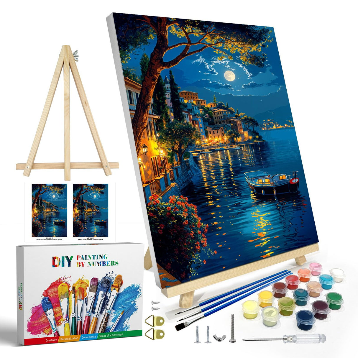 JOOZ Paint by Numbers Kit for Adults with Frame, Moon Paint by Number with Easel, DIY Town Lake Boat Paint by Numbers Landscape for Home Wall Decor 8 x 12 Inch JOOZ