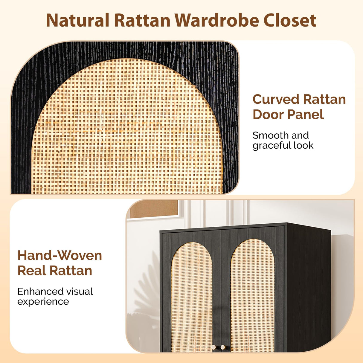 VINGLI Wardrobe Closet with Doors, Rattan Armoire Closet with Drawers & Hanging Rod, Armoire with Shelves, Wooden Wardrobe for Hanging Clothes, Black, 68.9" H VINGLI