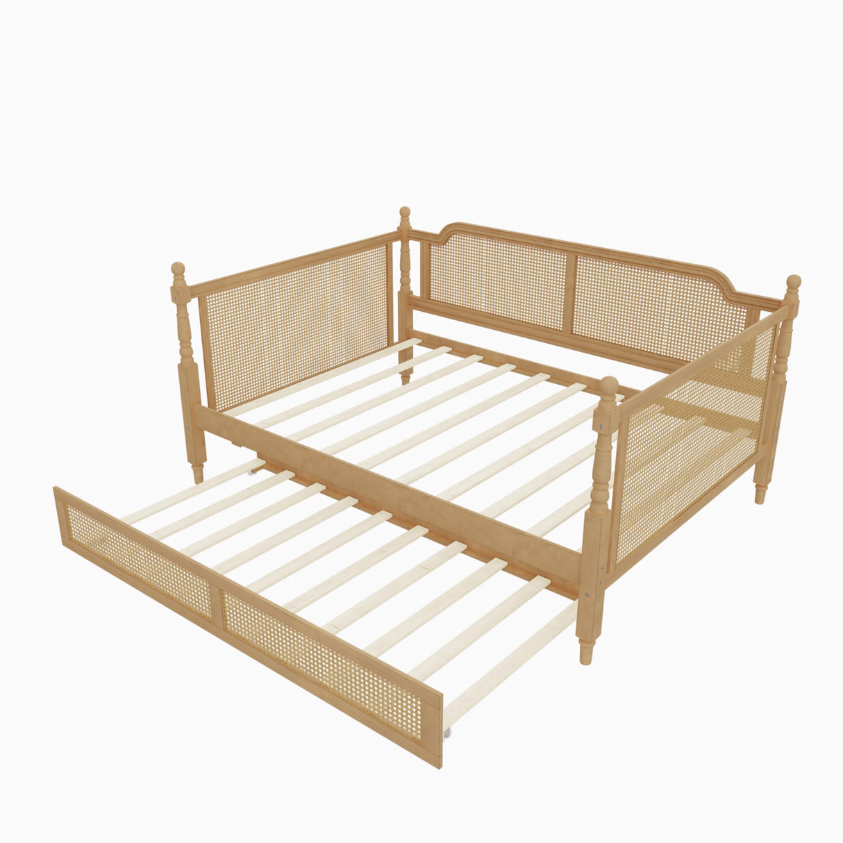 SOFTSEA Twin Size Rattan Wood Daybed with Trundle, Traditional Style Daybed with Trundle, Twin Trundle Bed with Sturdy Wooden Slats for Kids, Girls, Boys, No Box Spring Needed, Easy Assembly, Walnut SOFTSEA