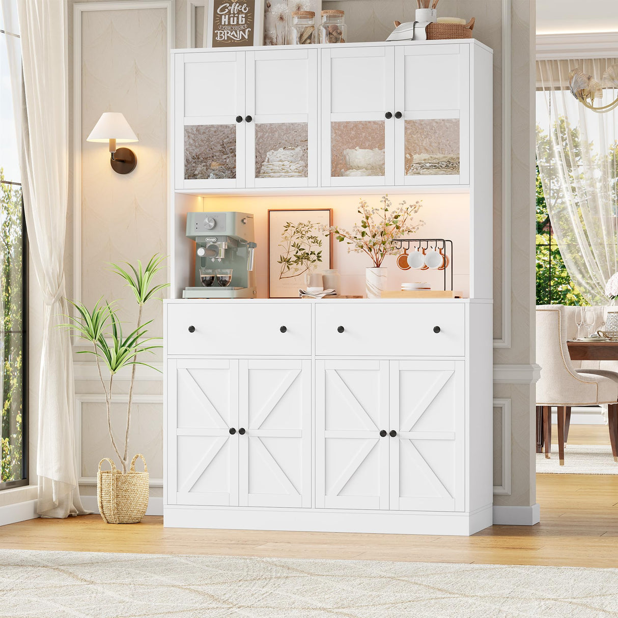 FINETONES 71" Pantry Cabinet with LED Light and Charging Station, Farmhouse Kitchen Pantry Cabinet with Microwave Stand, 47.2" Wide Kitchen Hutch Food Pantry with Open Countertop, White FINETONES