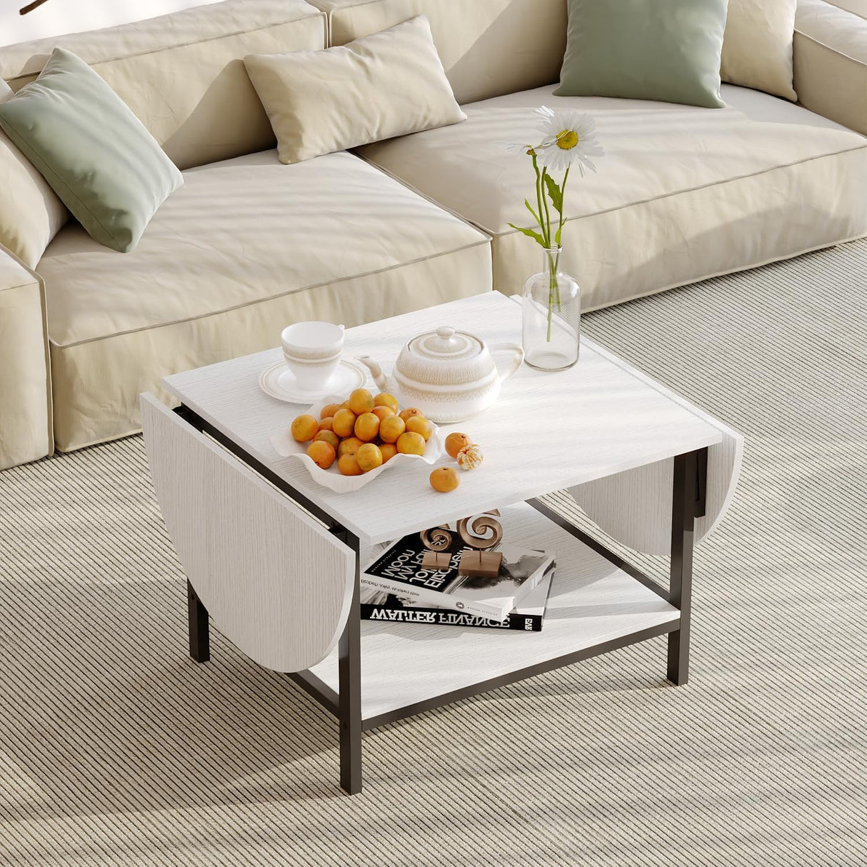 ECACAD 23.6-47.2" W Extendable Coffee Table with Drop Leaves, 2-Tier Wood Coffee Table for Small Space, Modern Oval Center Table with Storage Shelf for Living Room, White & Black ECACAD