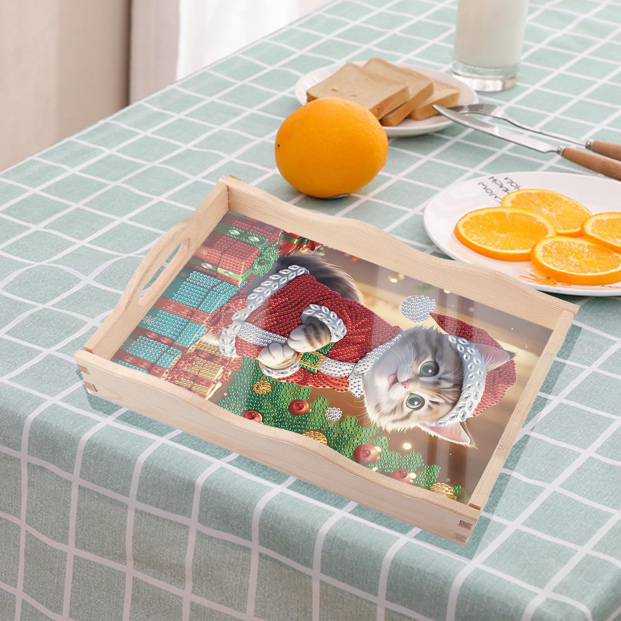 JZHYOAN Cat Diamond Painting Trays, Christmas DIY Special Platter Creative Design, Art Food Serving Platters for Party Supplies, Coffee Serving Table Tray for Living Room Dining Adults Woman Man JZHYOAN