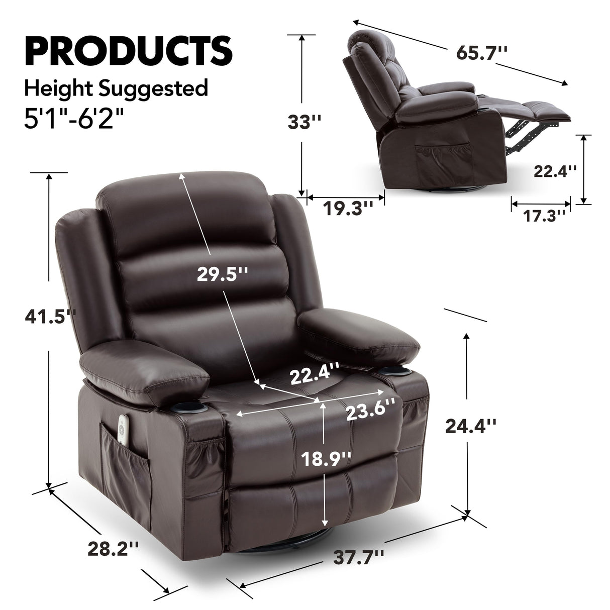 Huatean Home Rocker Recliner Chair with Heat and Massage, 360° Swivel Recliner Chairs for Adults, Oversized Recliner Single Sofa Seat with Cup Holders, Lazy Boy Recliner (Darkbrown, Regular) Huatean Home