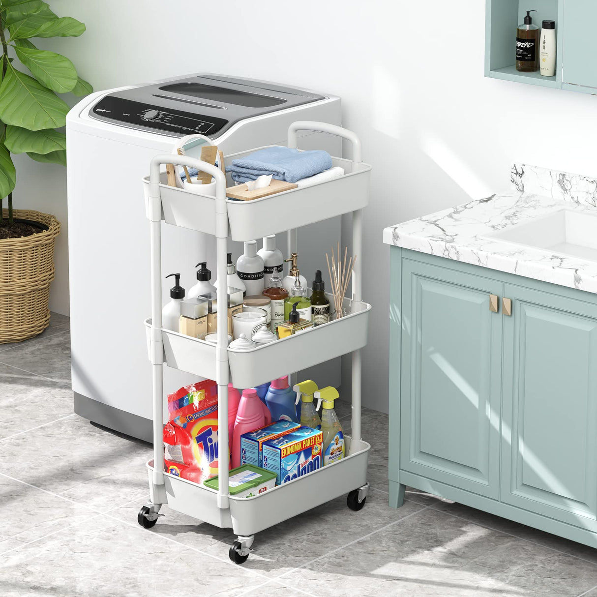Sywhitta 3-Tier Plastic Rolling Utility Cart with Handle, Multi-Functional Storage Trolley for Office, Living Room, Kitchen, Movable Storage Organizer with Wheels, White Sywhitta