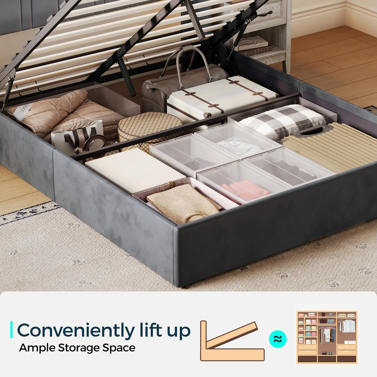 LINSY Queen Bed Frame, Lift Up Storage Bed, Velvet Upholstered Bed with Storage Headboard and Charging Station & LED Lights, Hydraulic Storage, Strong Wooden Slats Support, Noise Free, Dark Grey LINSY