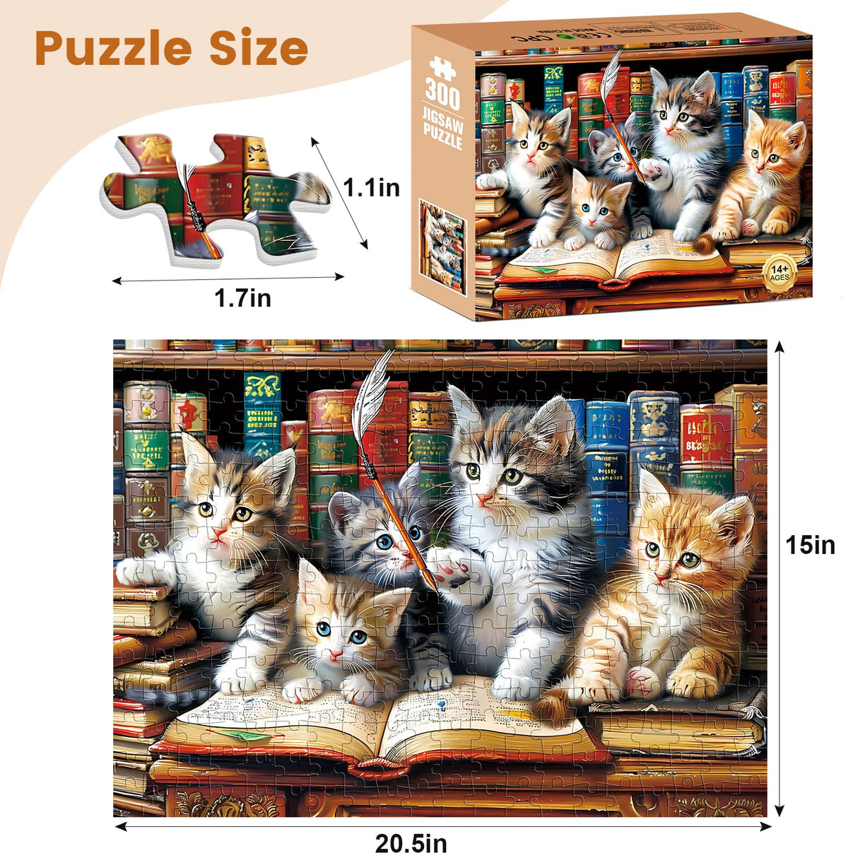 300 Piece Puzzle for Adults, Cats Library Jigsaw Puzzle, Funny Kitten Bookshelf Puzzles, Animal Pet Lover Challenging Puzzles for Friends Family Activity Game Nights Gifts, 20.5x15 in VOLUVOLU