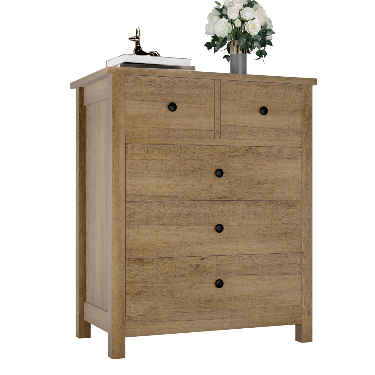 IDEALHOUSE Dresser for Bedroom, 5 Drawer Dresser Wood Dresser with Metal Handle, Modern Chest of Drawers for Bedroom, Entryway, Hallway, Light Brown IDEALHOUSE