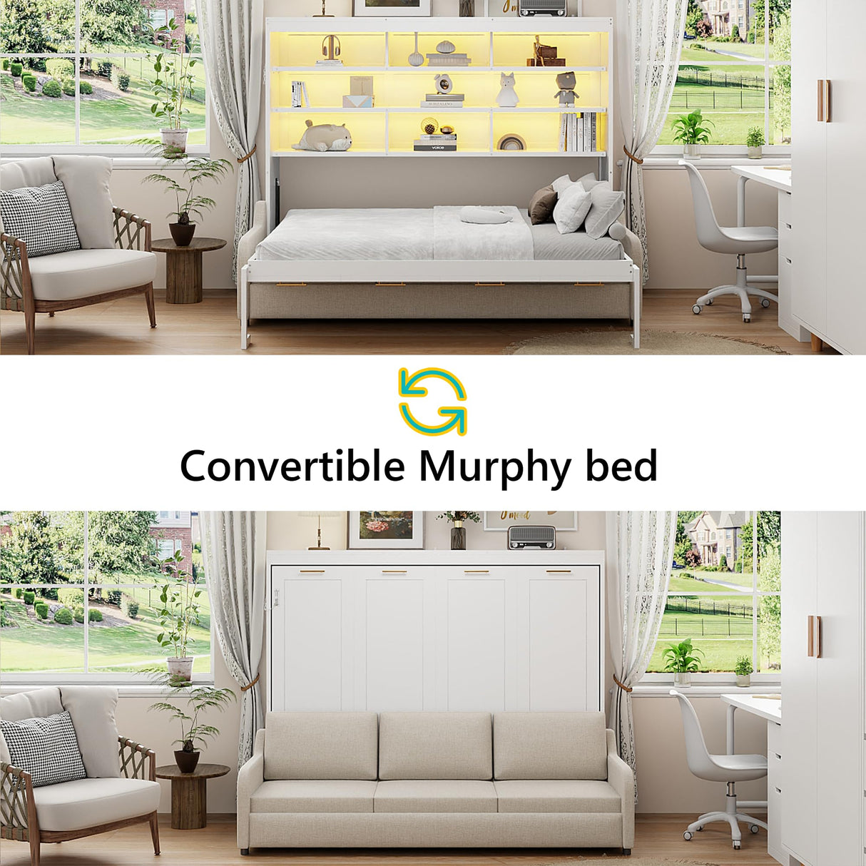 Queen Horizontal Murphy Bed with Sofa and Storage Shelves,LED Light,Solid Wood Space Saving Hideaway Murphy Wall Bed with Couch and Storage for Adults (Beige) MERITLINE