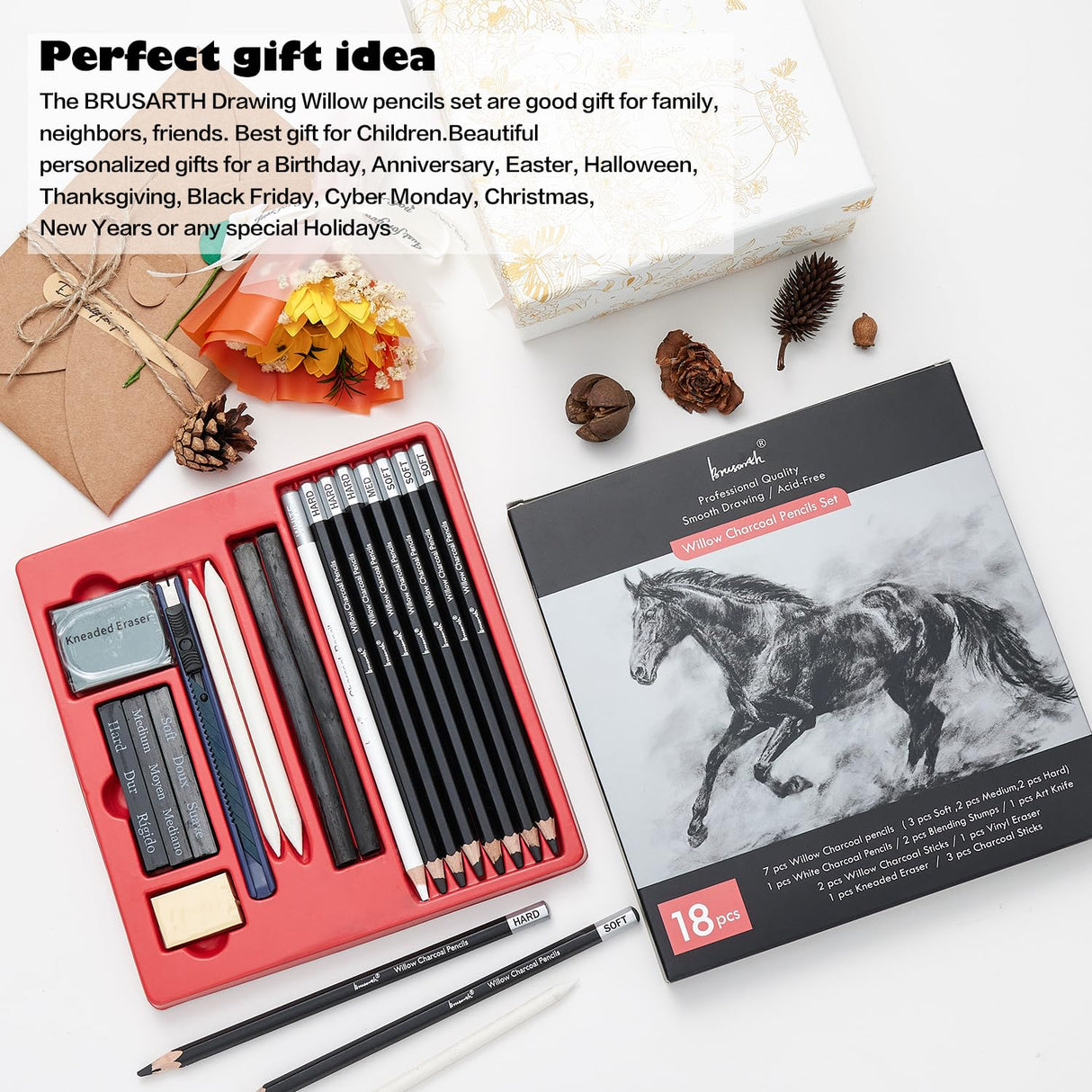 Brusarth Charcoal Pencils for Drawing, 18 Pcs Art Pencil Kit, Professional Sketching Pencil, Art Supplies for Drawing, Shading, Sketching, Blending, Artist Pencils for Beginners & Artists Brusarth