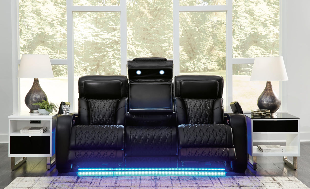 Signature Design by Ashley Boyington Contemporary Leather Match Power Reclining Sofa with Adjustable Headrest, Cup Holder, USB Charging Ports, Air Massage System and LED Lighting, Black Signature Design by Ashley