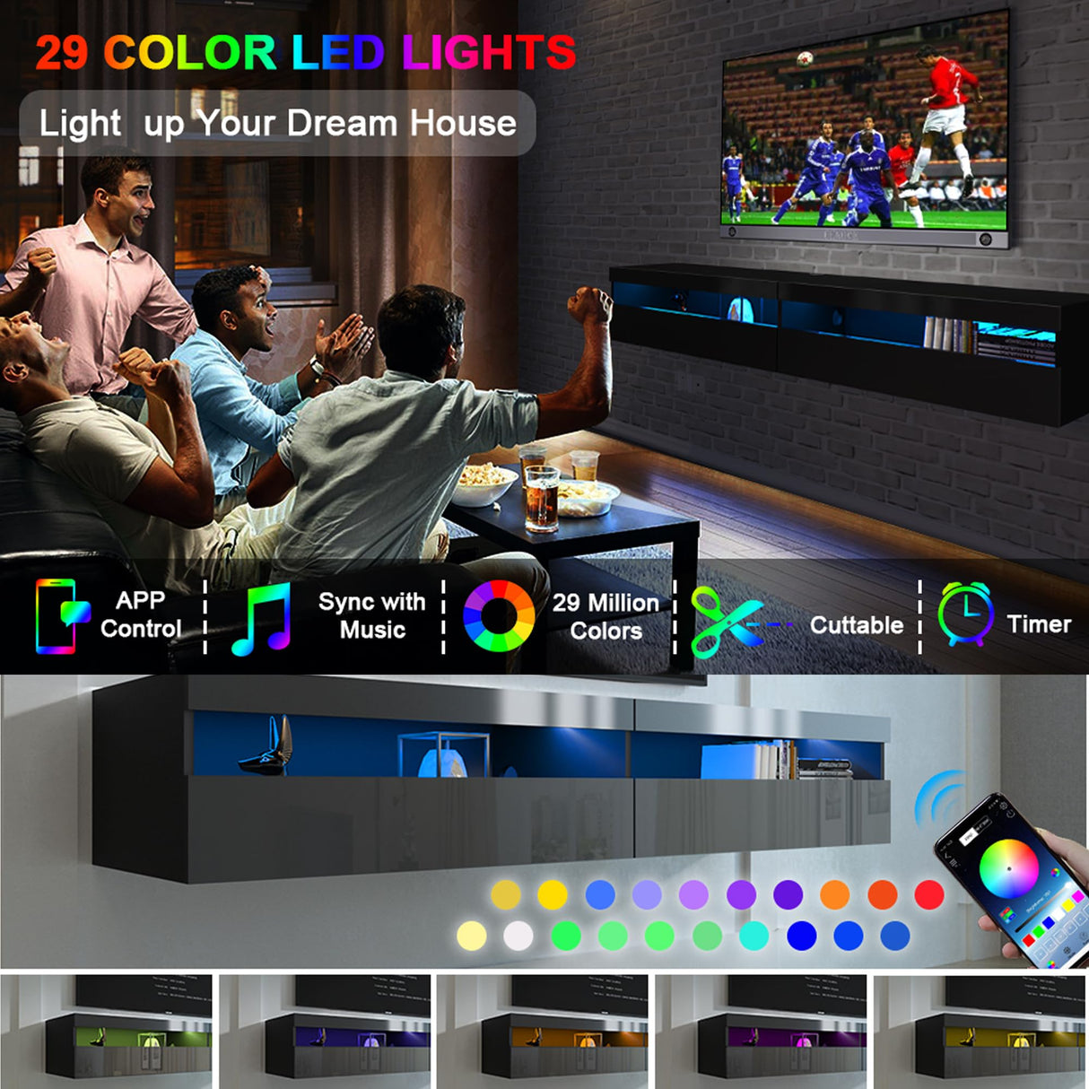 wuleen Floating LED TV Stand, 71'' Wall Mounted Entertainment Center with Storage and LED Light Socket Board, Modern High Gloss TV Stand Fits Up to 80 Inch TV, led Floating Shelf wuleen