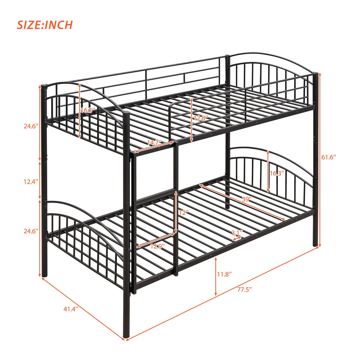 Twin Over Twin Metal Bunk Beds, Convertible Bunk Bed Divided into Two Beds for Kids Boys Girls Teens,Black Bellemave
