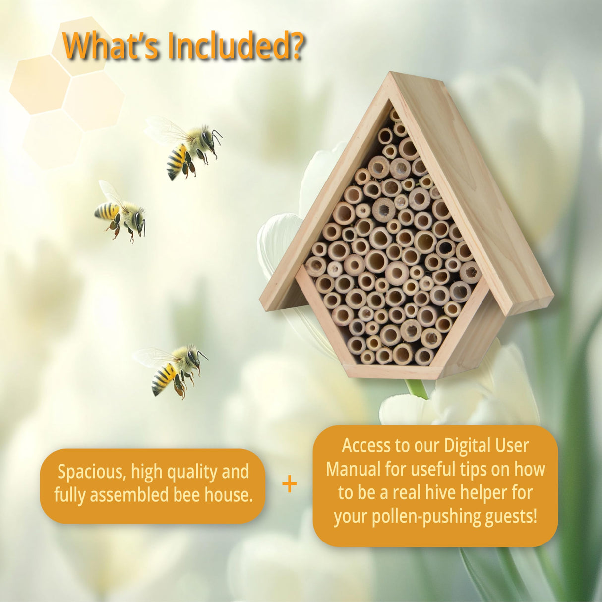 Wooden Bee House and Bee Hotel for Your Garden or Orchard, Attracts Pollinators: Mason Bee and Leafcutting Bees Vollenkor