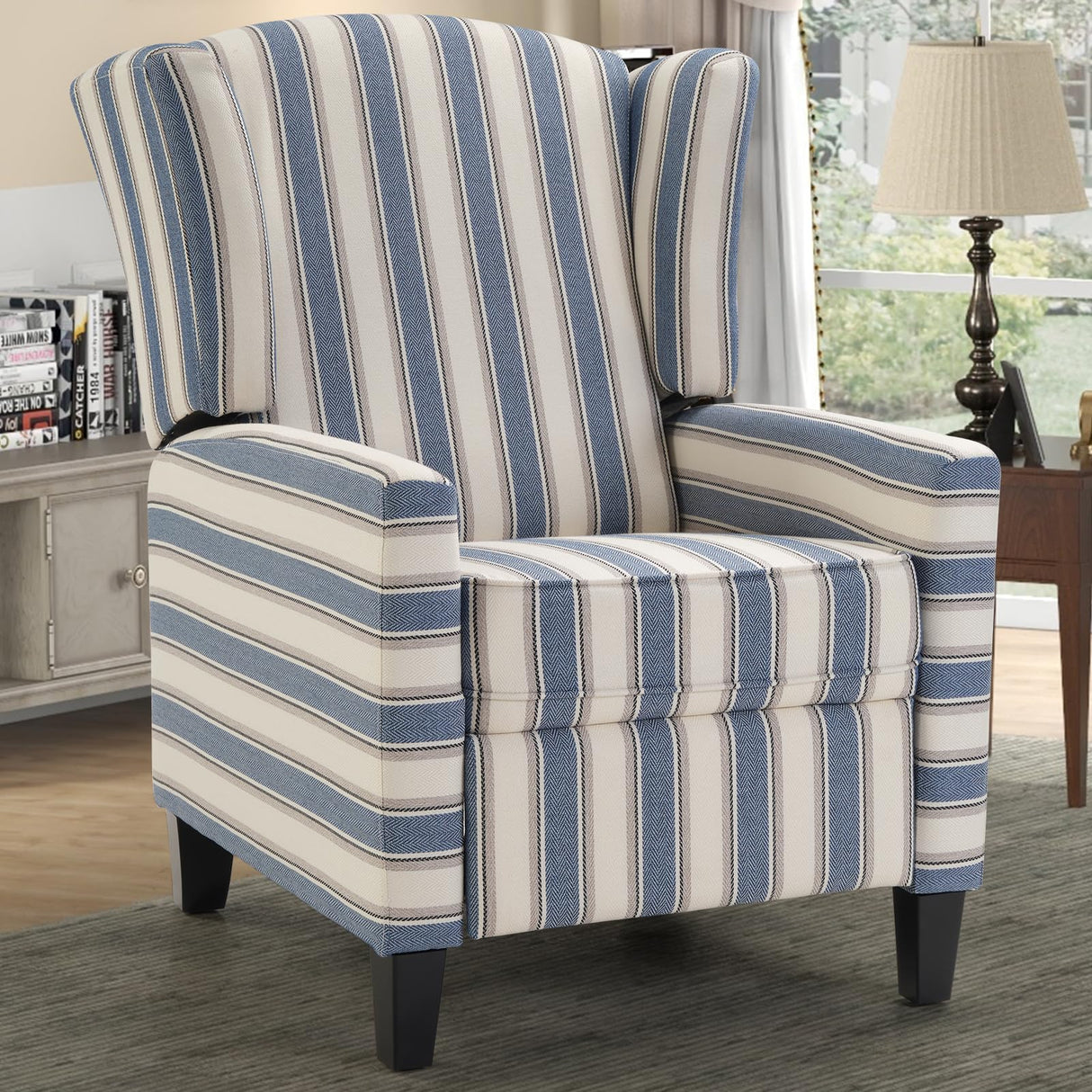 INZOY Wingback Pushback Recliner Chair, Fabric Push Back Recliners with Padded Seat, Mid Century Modern Reclining Chair for Living Room Bedroom, Blue Stripe INZOY