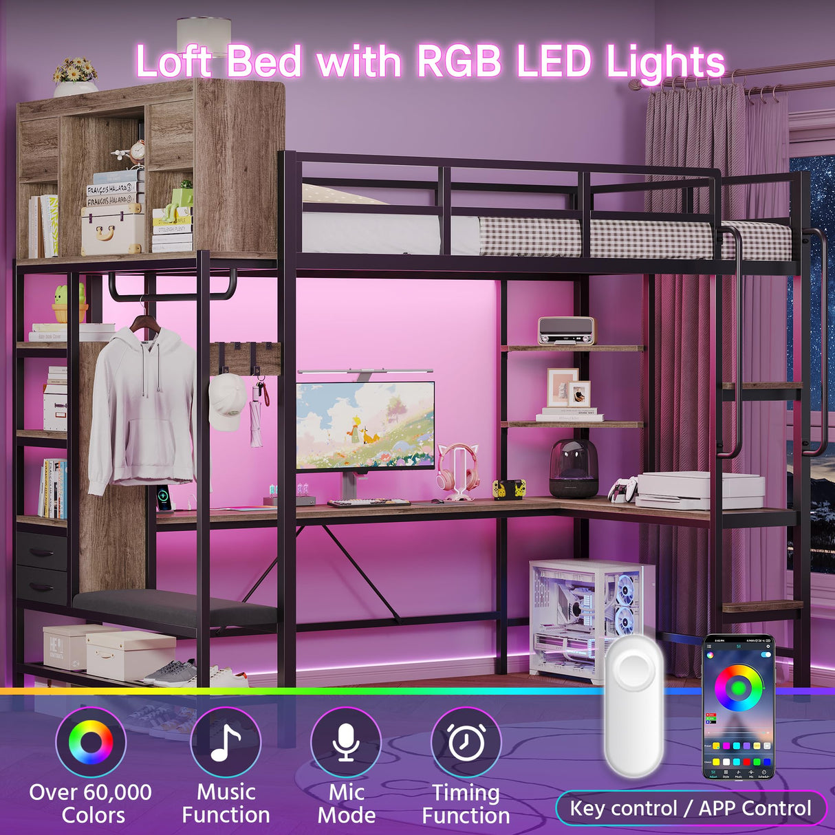 busyaeh Loft Bed with Hall Tree, Twin Loft Bed with Desk, Storage Headboard & 2 Drawers, Twin Size Loft Bed with LED Lights, Charging Station, Safety Guardrail & Ladder, No Box Spring Needed,Oak Gray busyaeh