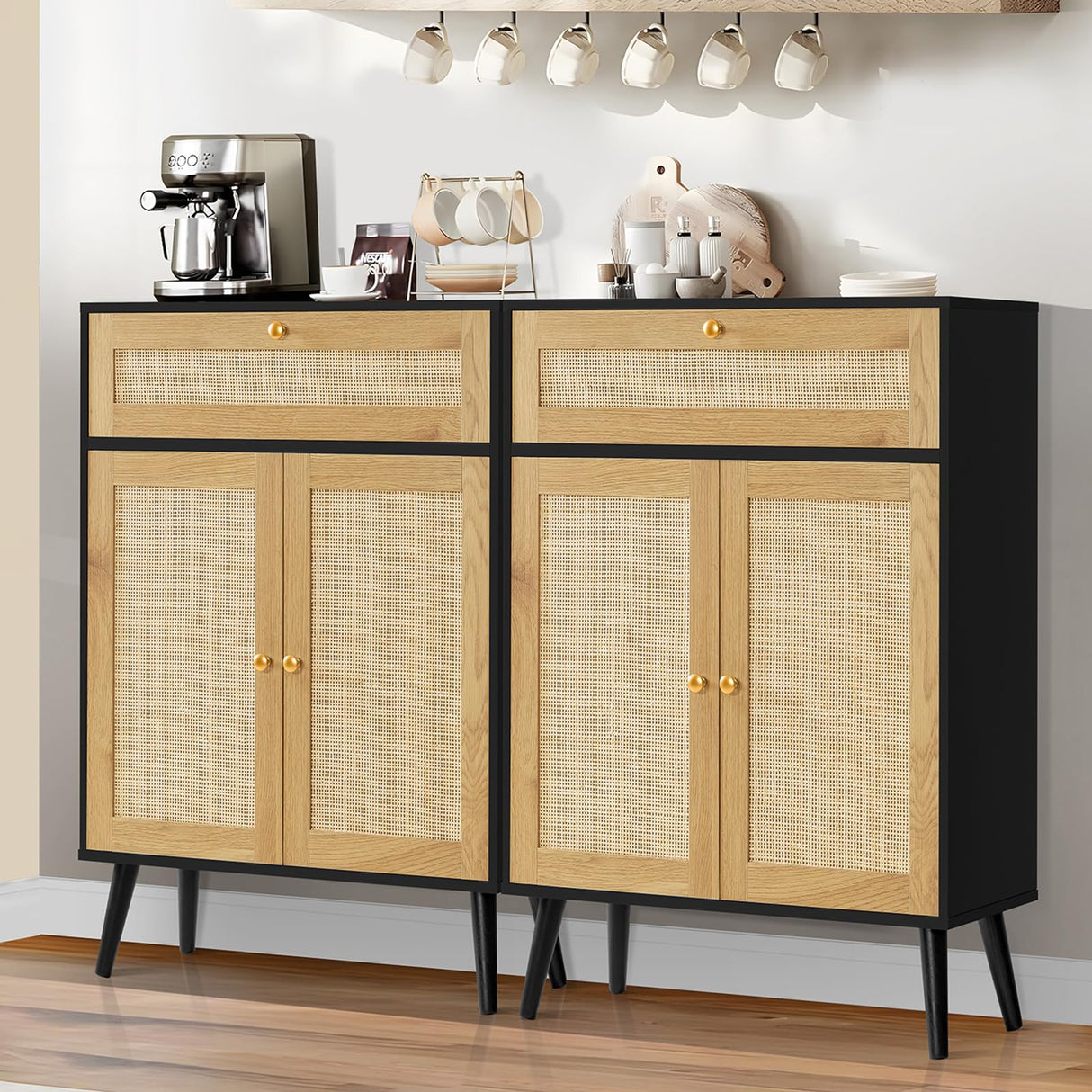 Iwell Storage Cabinet with Adjustable Shelf, Rattan Cabinet with Large Drawer, Sideboard Buffet Cabinet with Storage, Accent Cabinet, Bathroom Storage Cabinet for Dining Room, Entryway, Bedroom, Black Iwell