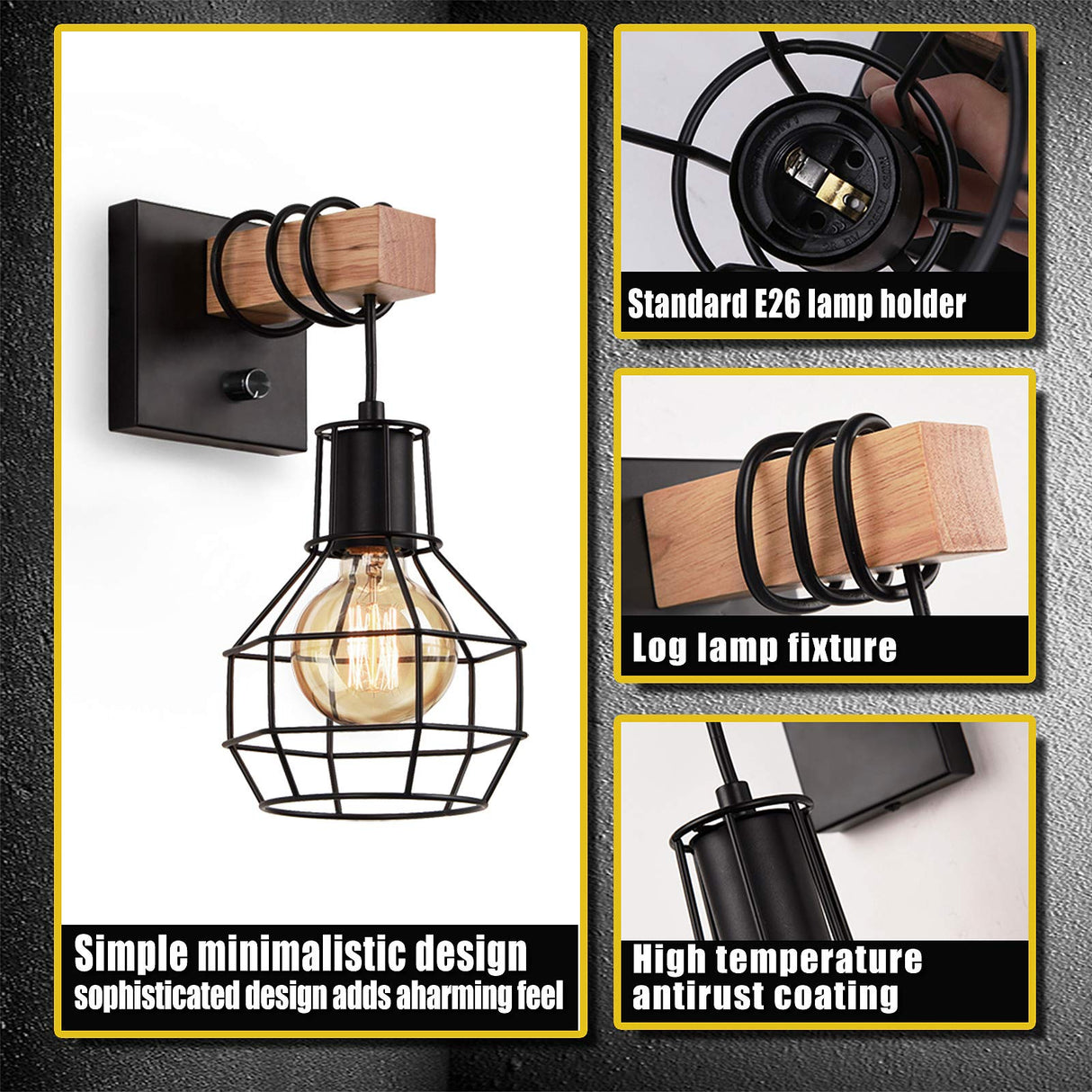 Black Wall Sconces with Dimmer ON/Off Switch, Cage Wall Mount Light Fixture Industrial Farmhouse Lighting for Living Room Kitchen, C71Y215 Lightess