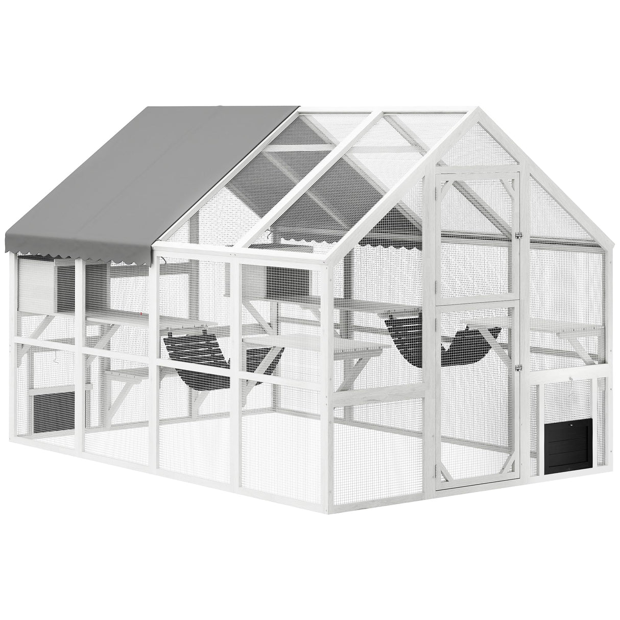 PawHut Large Catio Outdoor Cat Enclosure for Multiple Kittens, Wooden Cat House with Waterproof Cover, Walk in Kitty Cage Kennel with 2 Condos, 6 Platforms, Bridge, Doors, 110" x 73" x 74", White PawHut