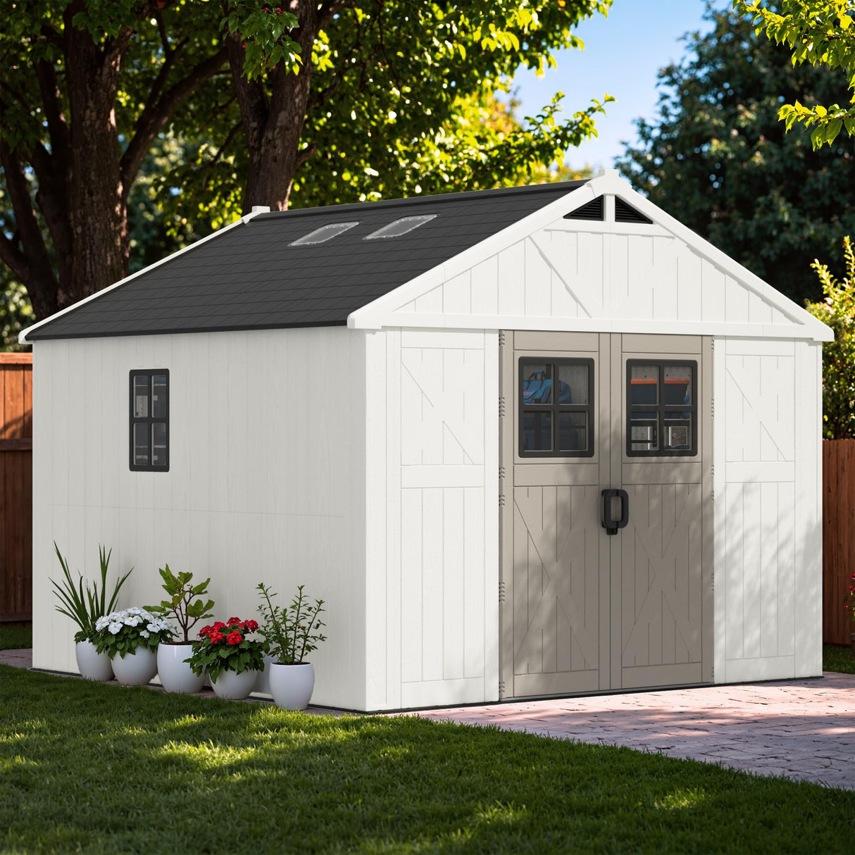 Greesum 10×10 FT Plastic Outdoor Storage Shed with Floor and Lockable Door, Resin Sheds with Windows and Skylights, Weather Resistant Organization for Garden, Lawn, Pool Supplies, Beige Greesum