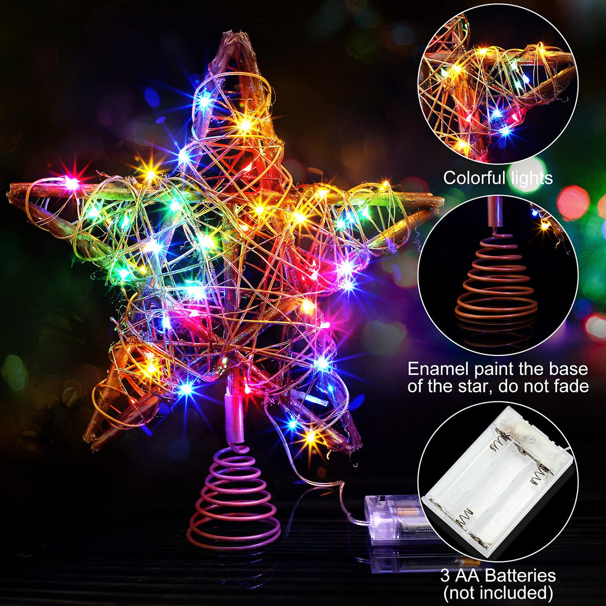 Star Tree Toppers Christmas Decorations Indoor Natural Brown Rattan Star Christmas Tree Topper Lighted Rustic Rattan Star Rustic Rattan Treetop Holiday Xmas Party Decorations (Coloured Light) Mudder