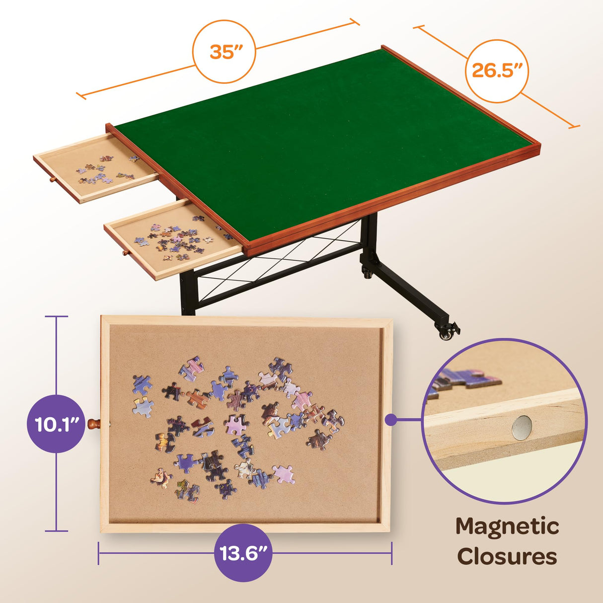 JoyBerri Puzzle Station Jigsaw Puzzle Table/Rolling Desk - 1500 Piece Puzzle Board/Portable Jigsaw Tables with Drawers and Legs - Height Adjustable for Adults JOYBERRI