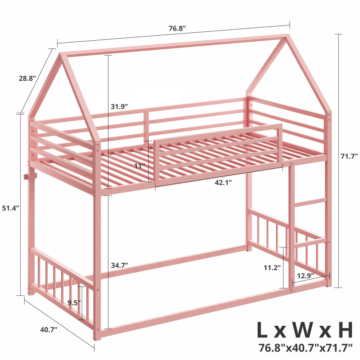 LIKIMIO Bunk Bed Twin Over Twin, House Bunk Bed Frame with Ladder and Guardrail, House Shaped with Metal Slats for Dormitory and Bedroom, Space Saving, No Box Spring Needed, Pink LIKIMIO