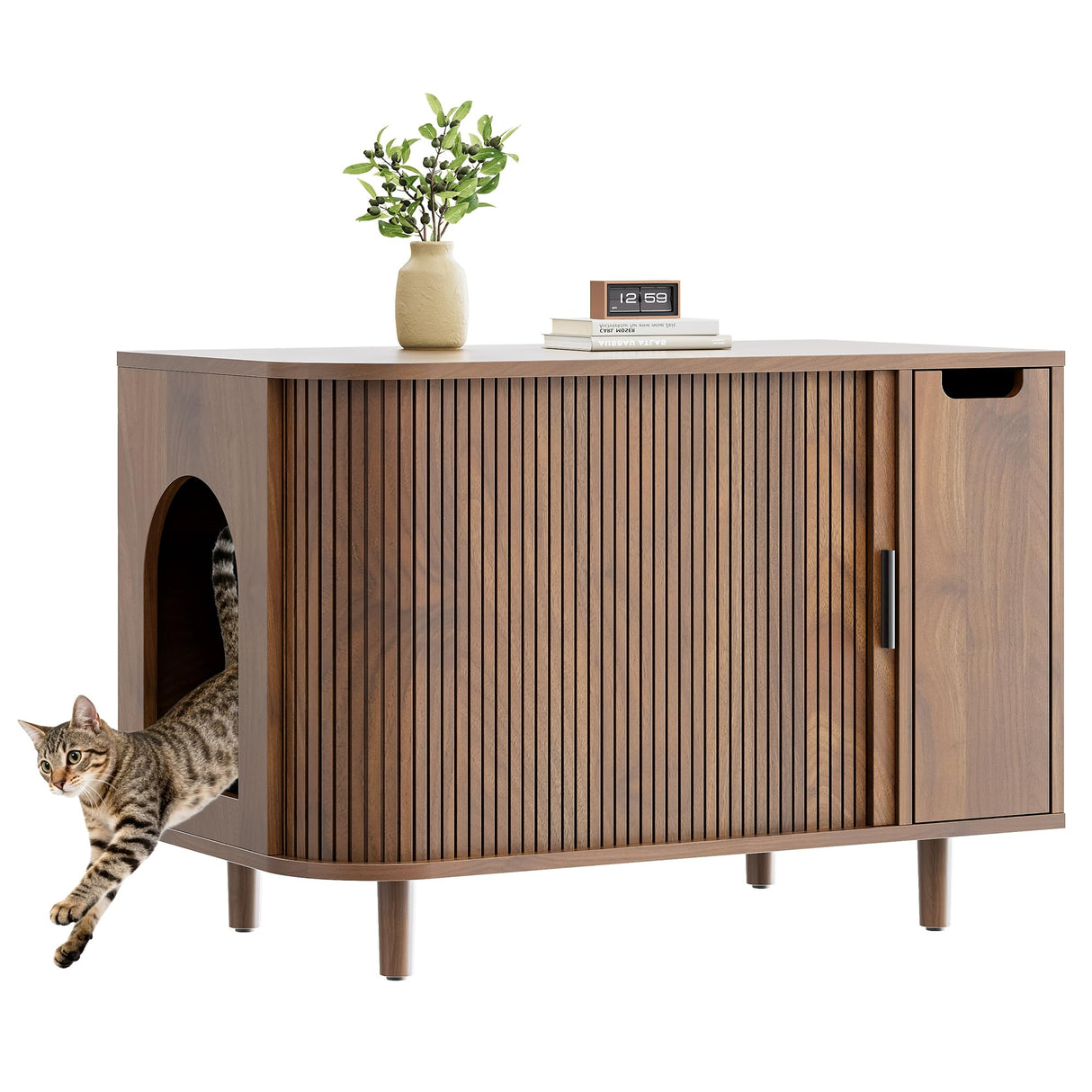 IRONCK Cat Litter Box Enclosure with Sliding Tambour Door, Wooden Litter Box Enclosure Furniture with 2-Layer Drawer, Hidden Cat House, Side End Table for Living Room, Brown IRONCK