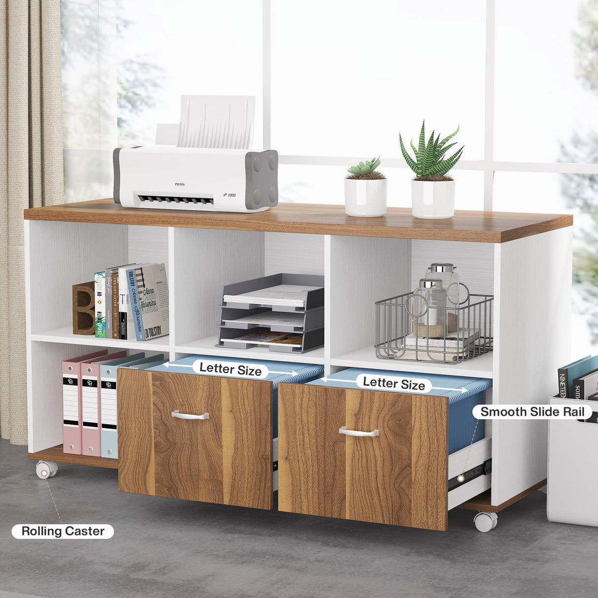 Tribesigns 63 inches Executive Desk and 47" lateral File Cabinet, L-Shaped Computer Desk Home Office Furniture Set with Drawers and Storage Shelves, Office Table with Cabinet (walnut+White, 63) Tribesigns