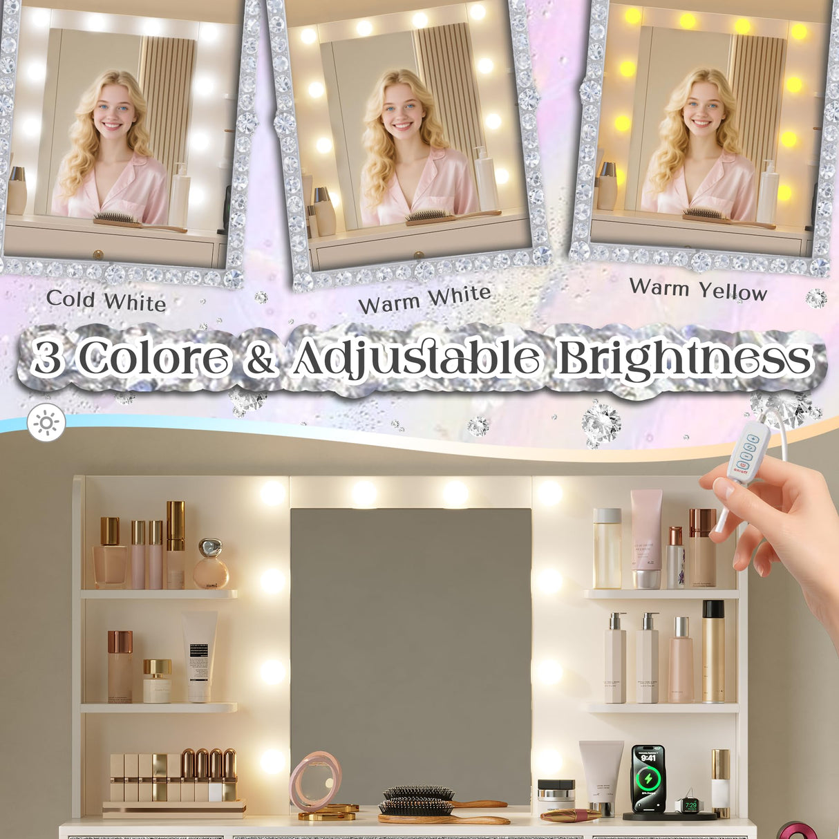 Vanity Desk with Mirror and Lights, Diamond Edition Vanity Desk with 9 Drawers and 6 Storage Shelves Dressing Table, Vanity Desks with Power Outlet and 3 Color Modes 10 LED Bulb for Girls Bedroom Dowinx