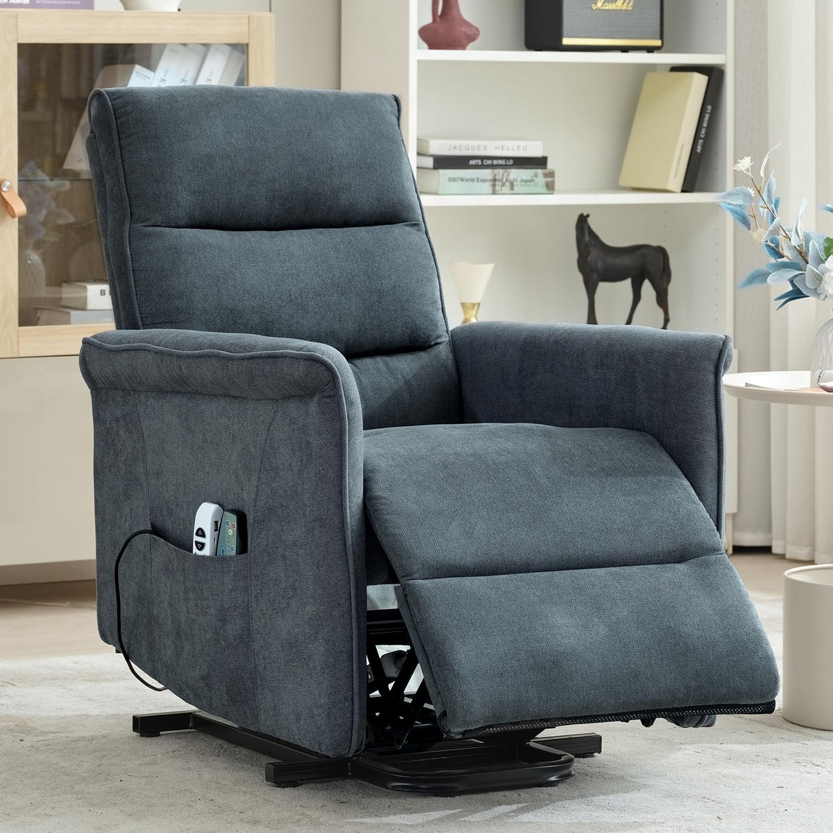 MANBUR Power Lift Recliner with Vibration and Lumbar Heat, Electric Power Lift Chair Recliner Chair, Home Theater Seating RV Recliner Living Room Chair with Side Pockets, LED Light, USB Port(Blue) MANBUR