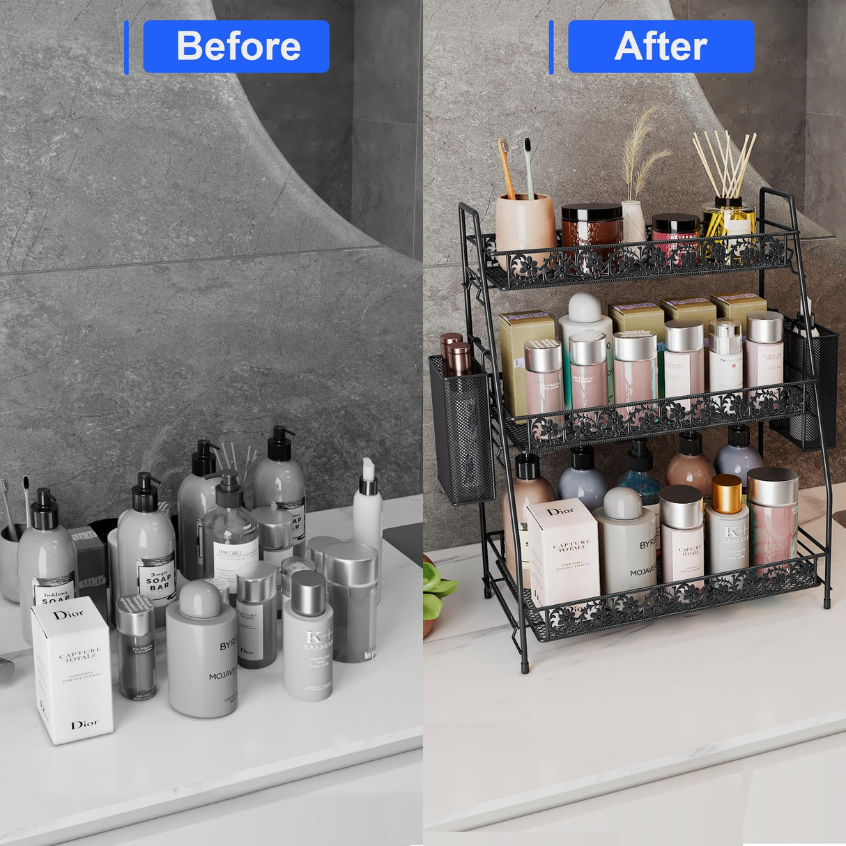 IBEDMAZIE 3-Tier Large Size Storage Rack,Counter Organiztion for Bathroom Countertop Organizer Shelf for Spice Racks for Kitchen/Sink/Bedroom/Living room/Office/Plant Rack with Two Metal Baskets IBEDMAZIE