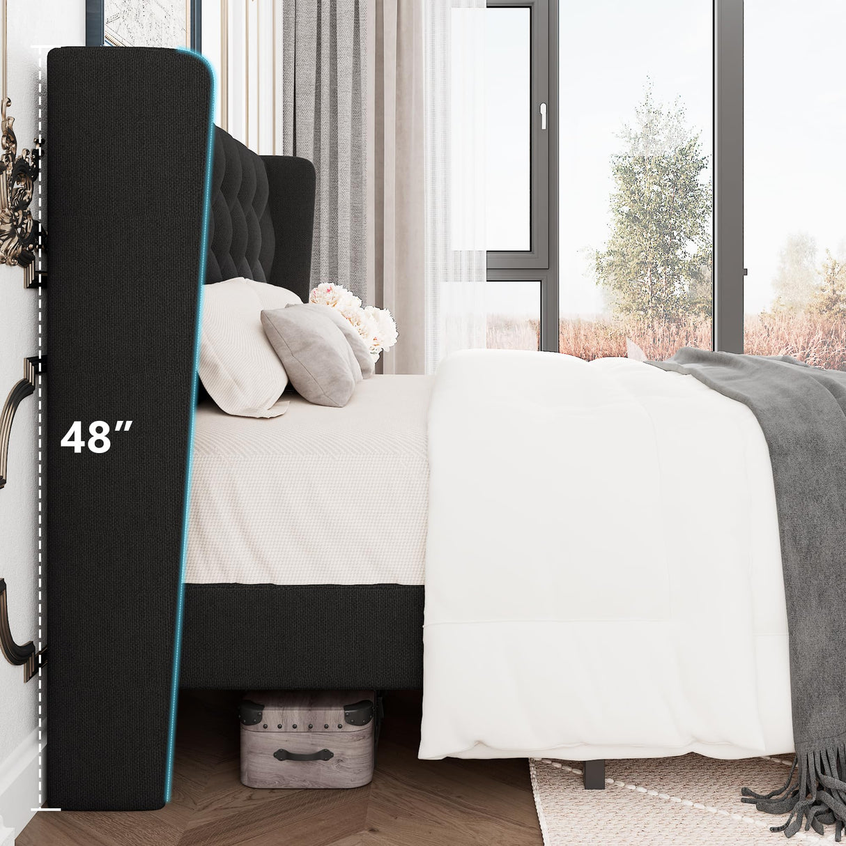 GalnFu King Size Bed Frame with Button Tufted Headboard, Upholstered Platform Bed Frame with UnderBed Storage, Wooden Slats Supports, Noise Free, No Box Spring Needed, Easy Assembly, Black GalnFu