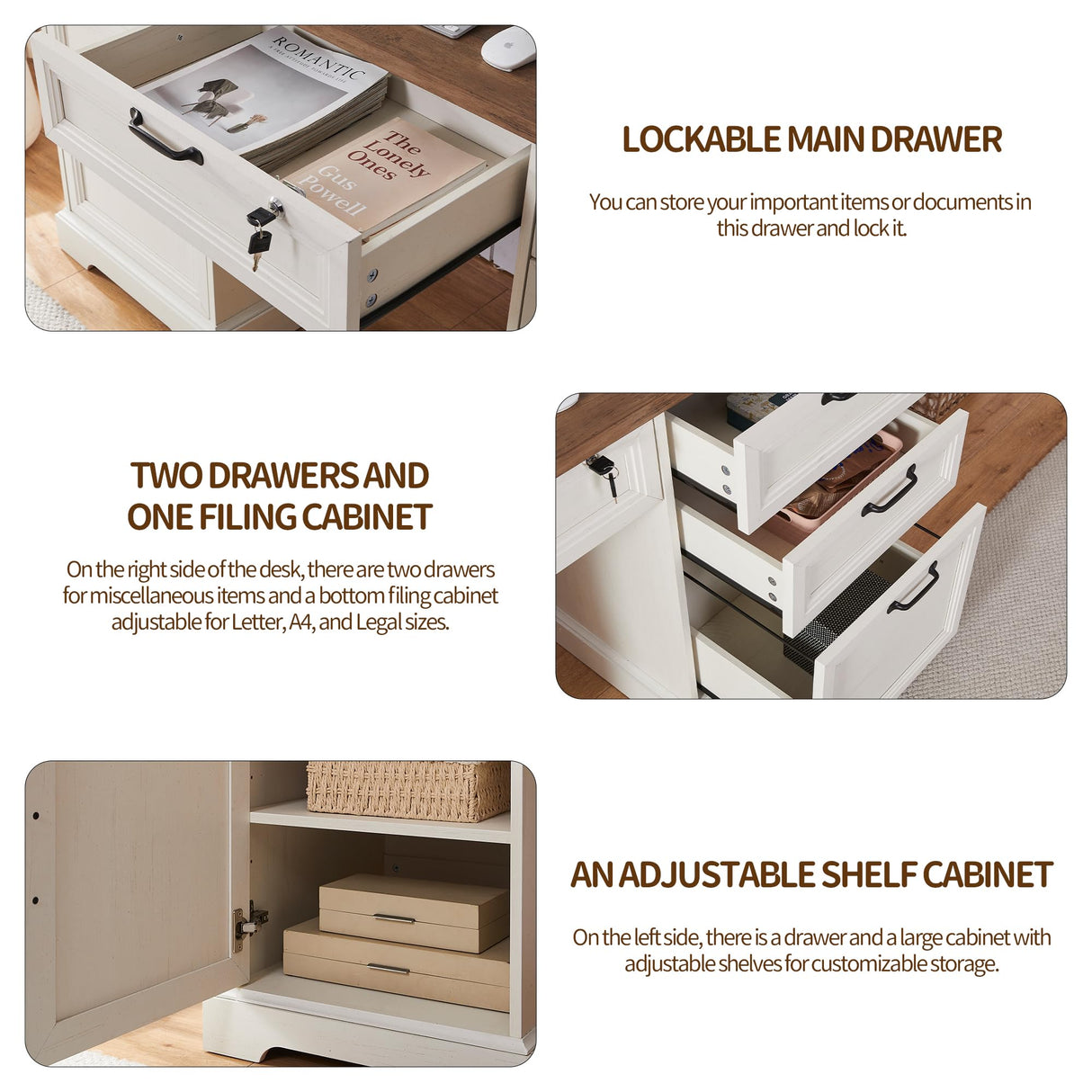 boknight 60" Farmhouse Executive Desk with Lock,Home Office Desk with Charging Station,Executive Desk with 4 Drawers & 1 Cabinet&1 File Cabinet for Office and Home boknight