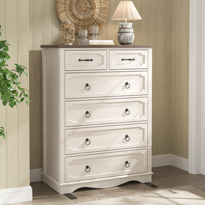 Maupvit 6 Drawer Dresser, 43" Tall Chest of Drawers for Bedroom, Farmhouse Dresser with Large Drawers & Metal Ring Pull Handles, Wood Dressers for Living Room, Hallway, Entryway, Antique White