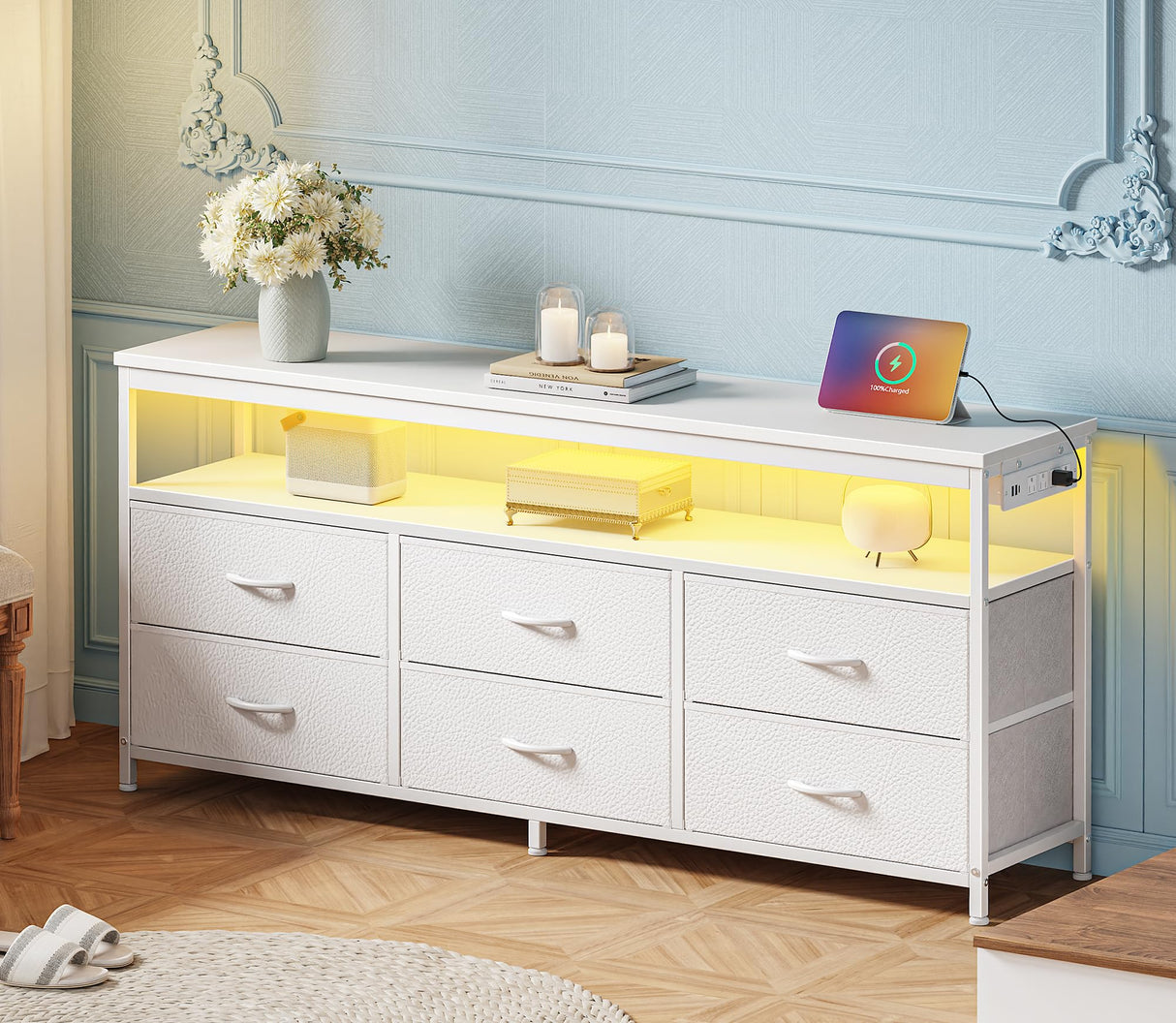 Huuger LED TV Stand for Bedroom, 55 Inch Fabric Dresser with Power Outlets, Entertainment Center for 60, 55, 50 Inch TV, 6 Drawer Dresser for Bedroom, Chest of Drawers with Shlef, PU Leather, White Huuger