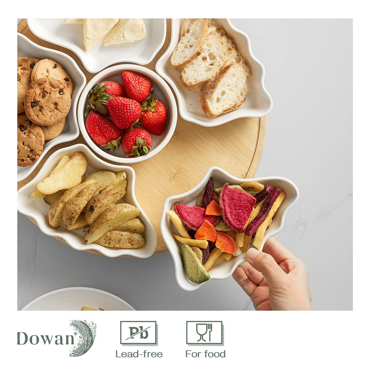 DOWAN 360° Rotatable Serving Tray and Platters, 12 Inch Divided Serving Bowls for Party, Kitchen Decor, Removable Serving Dishes for Chips and Dip, Fruit, Veggies, Candy and Snacks, 7 Pieces, White DOWAN