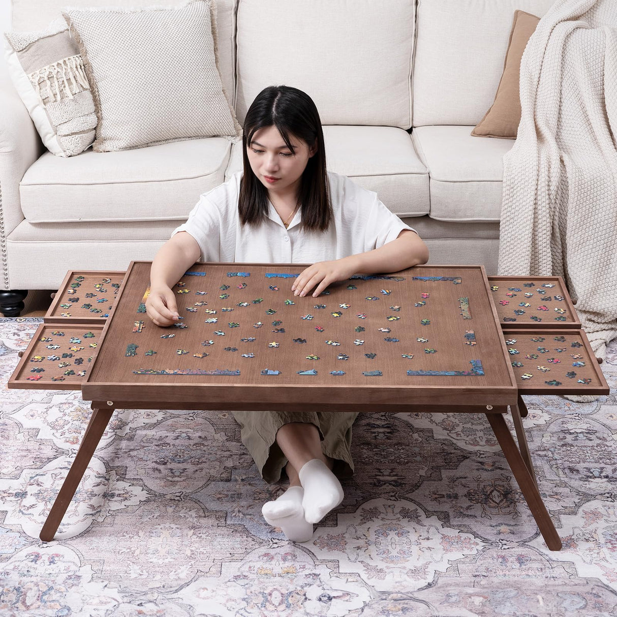 TEAKMAMA 1500 Piece Wooden Jigsaw Puzzle Board with 4 Drawers, Folding Puzzle Table with Protective Cover, Puzzle Board with Legs, Multifunctional Puzzle Board for Adults, 34W x 26.3D, Chocolate Brown TEAKMAMA