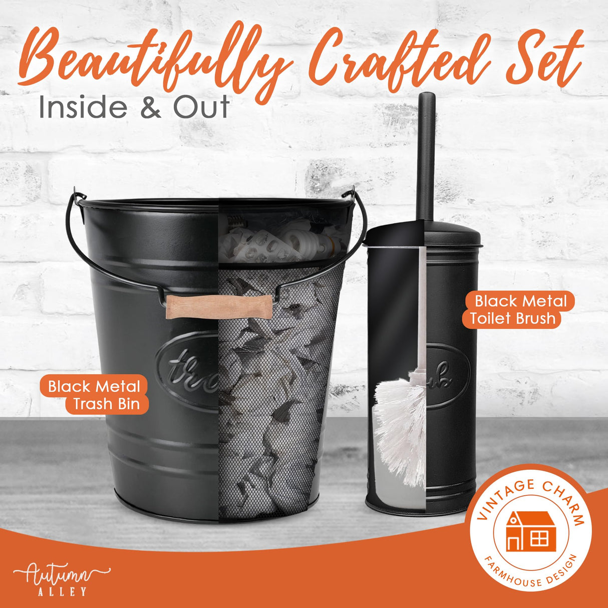 Autumn Alley Farmhouse Bathroom Trash Can and Toilet Brush Set - Rustic Bathroom Accessories for Charming Bathroom Décor, Matte Black Heavy Gauge Metal Autumn Alley