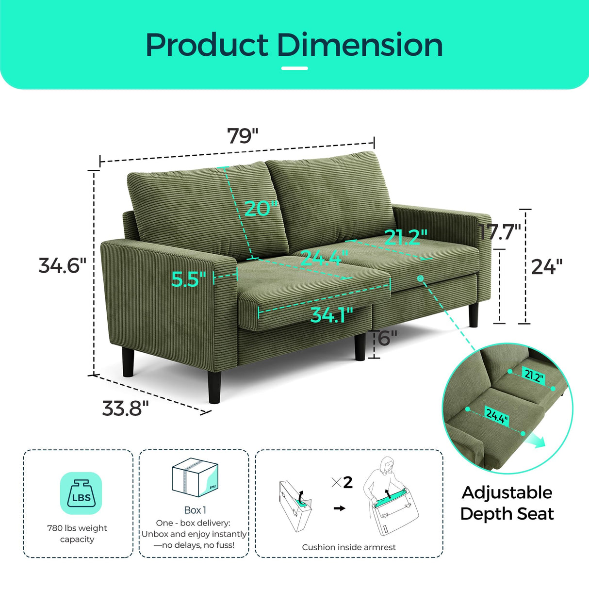 LINSY Modern Loveseat Sofa Couches for Living Room, Comfy Corduroy Sofa, Adjustable Seat Depth, Extra Deep Seats, Solid Wood Frame, Removable Cover, Love Seat Couch for Small Spaces (79inch, Green) LINSY