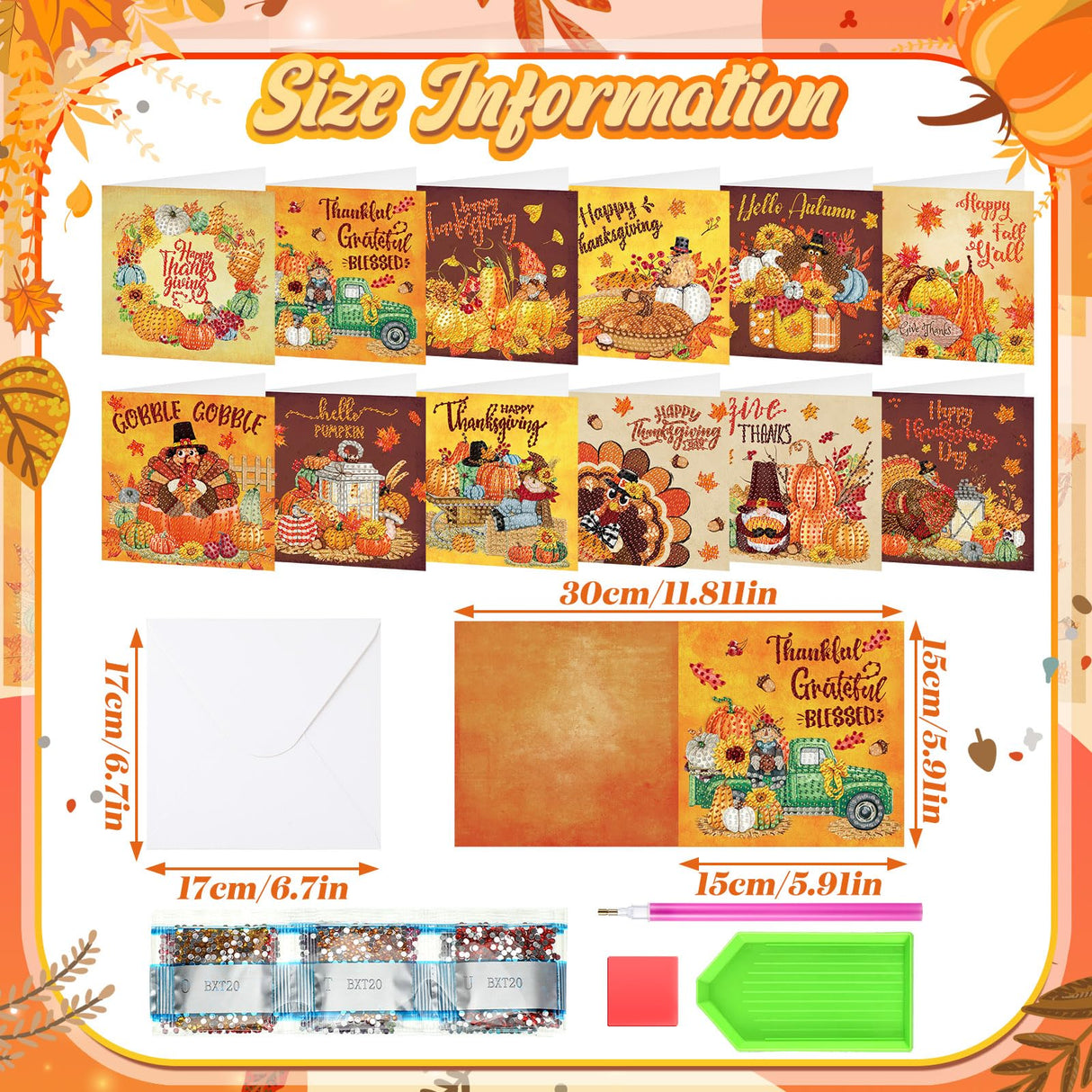 Saillong 12 Pack Thanksgiving Diamond Painting Greeting Card Kits DIY Fall Diamond Art Cards with Envelopes Pumpkin Turkey 5D Rhinestones Paint Card for Adults DIY Crafts Family Friend Birthday Gifts Saillong