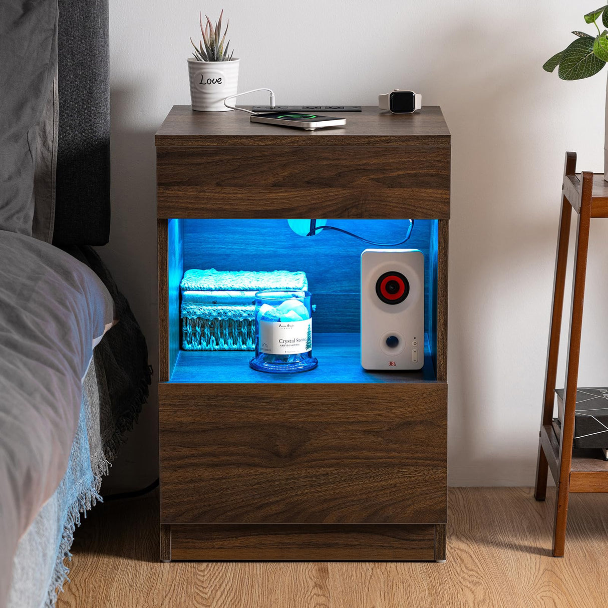 HOMMPA Set of 2 Open Shelf LED Nightstands with Charging Station Dark Walnut 2 Drawers Bedside Table with Led Light Smart Night Stand with Storage Wood Night Table Mid Century for Bedroom Furniture HOMMPA