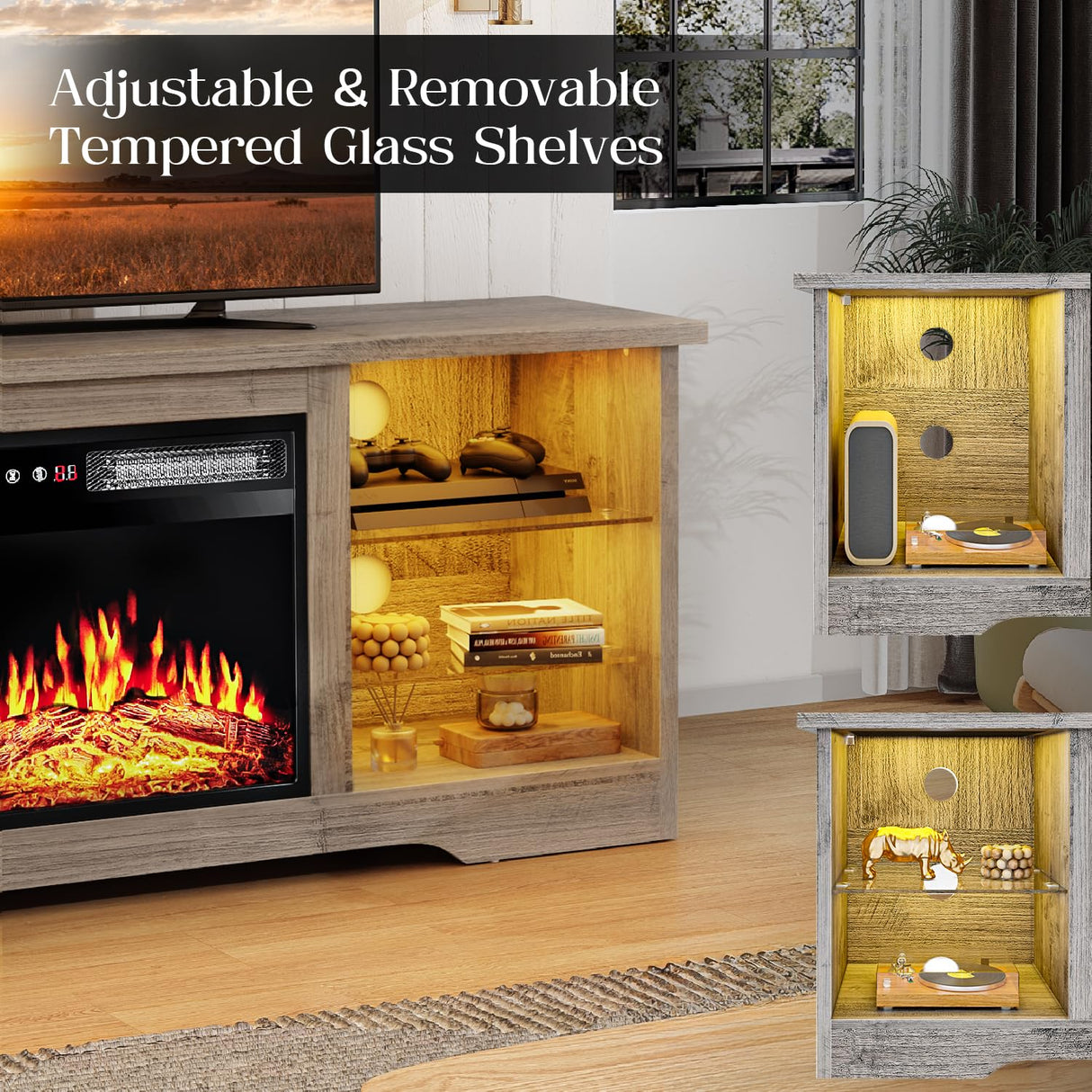 VITESSE 58 Inches Fireplace TV Stand for TVs up to 65 Inches Console with 18'' Electric Fireplace & Remote,Wooden Modern Entertainment Center for Living Room with LED Light Glass Shelves(Gray) VITESSE