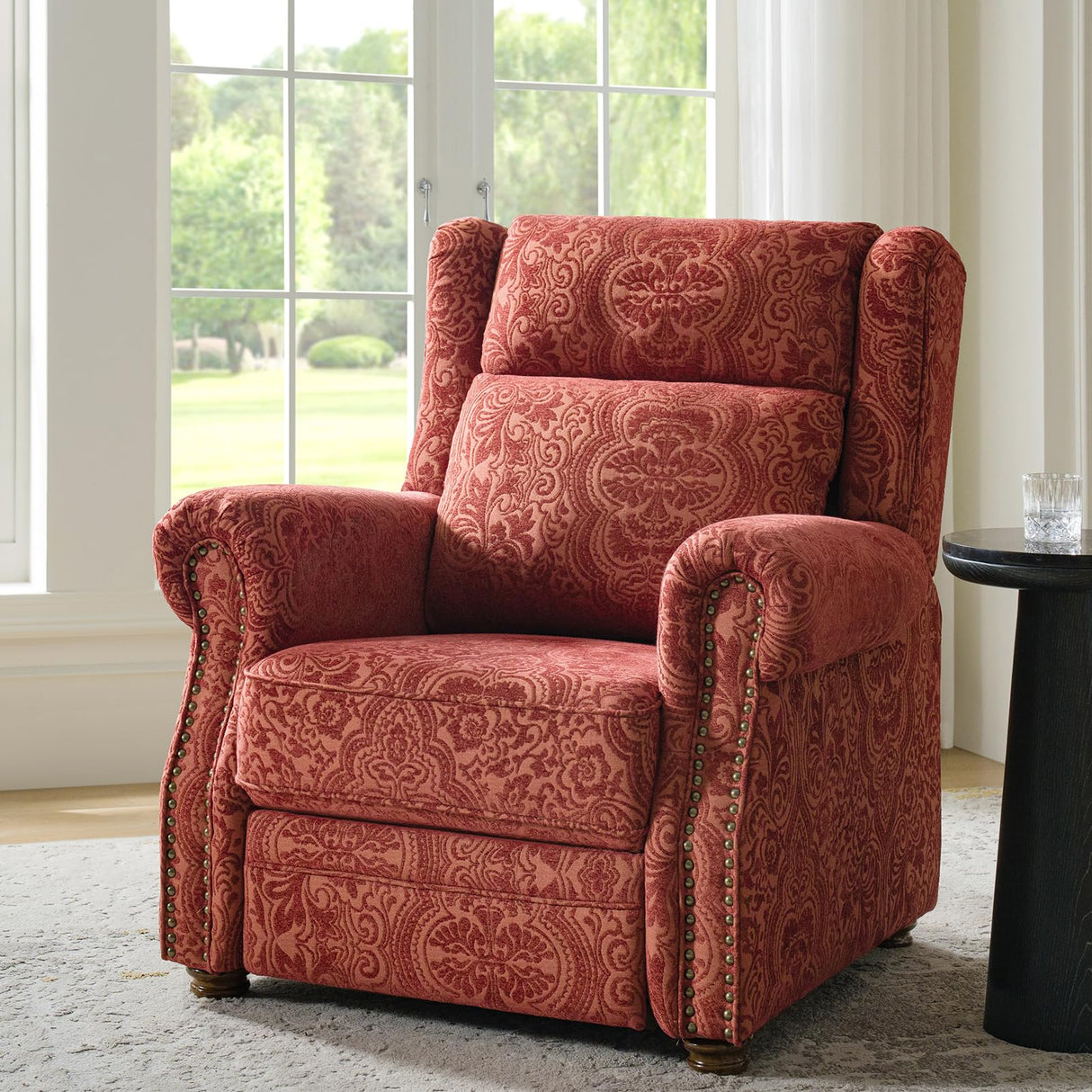 HULALA HOME Printed Fabric Manual Recliner, Traditional Push Back Recliner Armchair with Adjustable Backrest & Footrest, Comfy Upholstered Lazyboy Single Sofa with Nailhead Trim, Damask Floral HULALA HOME