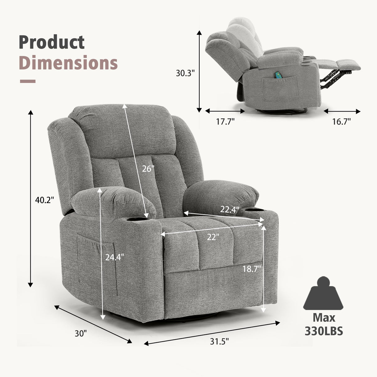Ketaiyou Rocker Swivel Recliner Chair for Adults, Overstuffed Large Manual Recliner Glider with Massage and Heat, Comfy Soft Fabric Living Room Reclining Sofa Chair(Lime Gray) Ketaiyou