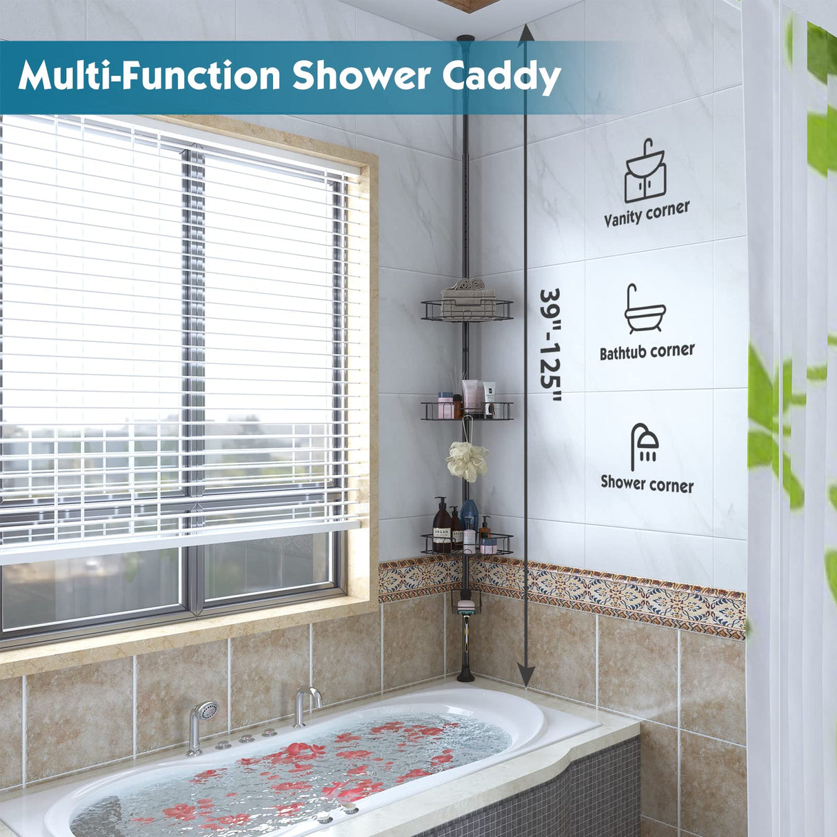 YeYeBest Rustproof Shower Corner Caddy for Bathroom, 4 Adjustable Baskets, 39-125 Inch Corner Shower Organizer with Tension Pole for Shampoo Accessories, Black YeYeBest